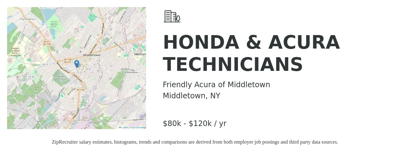 Friendly Acura of Middletown job posting for a HONDA & ACURA TECHNICIANS in Middletown, NY with a salary of $80,000 to $120,000 Yearly with a map of Middletown location.