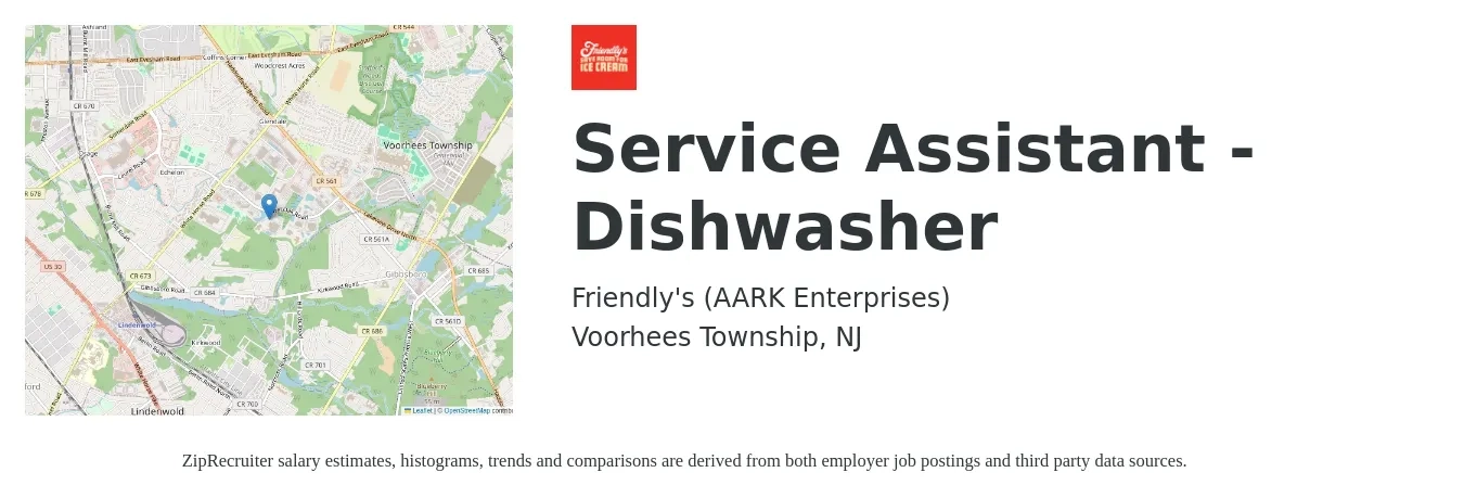Friendly's (AARK Enterprises) job posting for a Service Assistant - Dishwasher in Voorhees Township, NJ with a salary of $13 to $17 Hourly with a map of Voorhees Township location.
