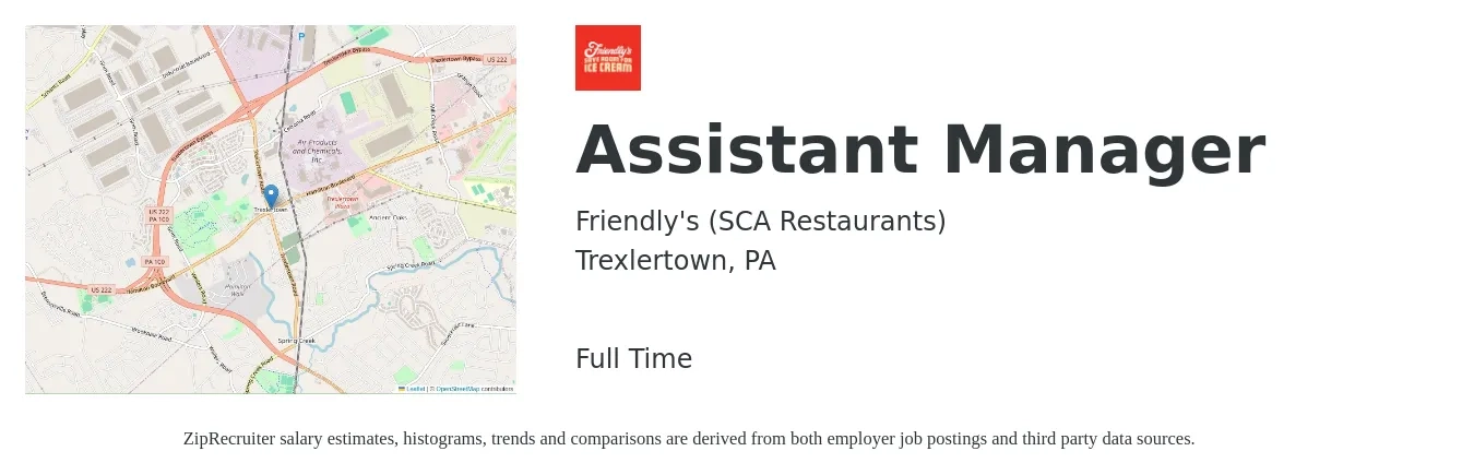 Friendly's (SCA Restaurants) job posting for a Assistant Manager in Trexlertown, PA with a salary of $16 to $24 Hourly with a map of Trexlertown location.