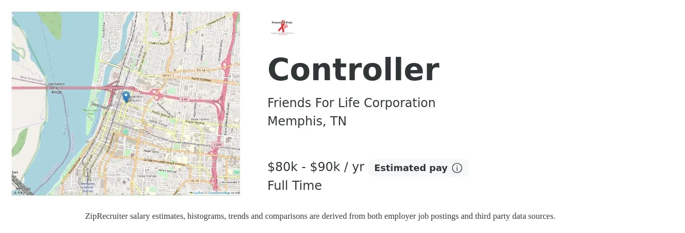 Friends For Life Corporation job posting for a Controller in Memphis, TN with a salary of $80,000 to $90,000 Yearly with a map of Memphis location.