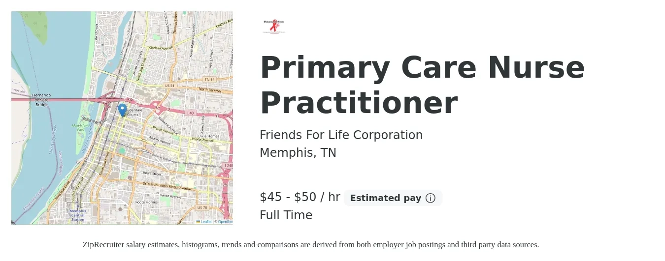 Friends For Life Corporation job posting for a Primary Care Nurse Practitioner in Memphis, TN with a salary of $48 to $53 Hourly with a map of Memphis location.