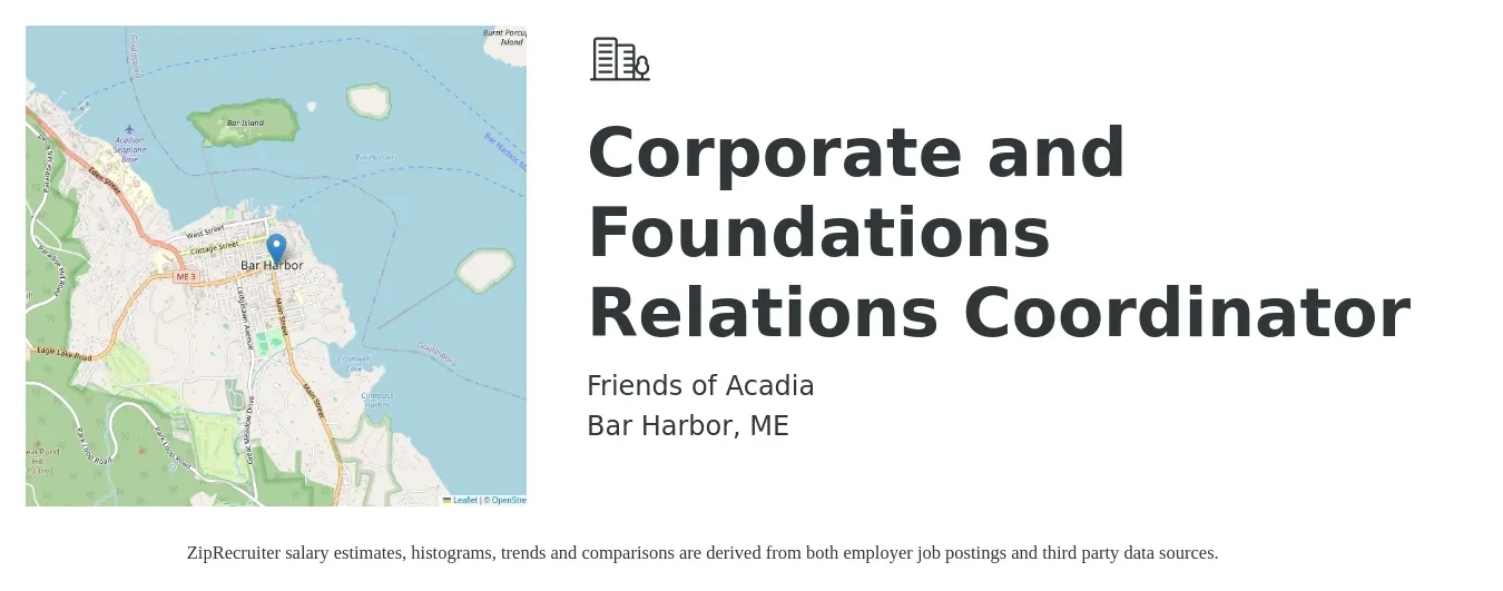 Friends of Acadia job posting for a Corporate and Foundations Relations Coordinator in Bar Harbor, ME with a salary of $18 to $30 Hourly with a map of Bar Harbor location.
