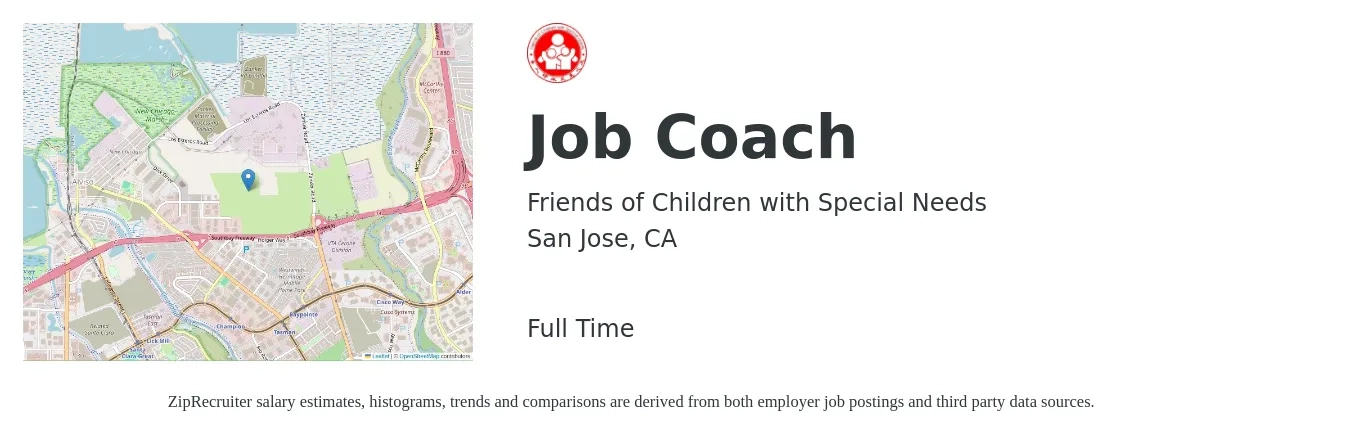 Friends of Children with Special Needs job posting for a Job Coach in San Jose, CA with a salary of $17 to $23 Hourly with a map of San Jose location.