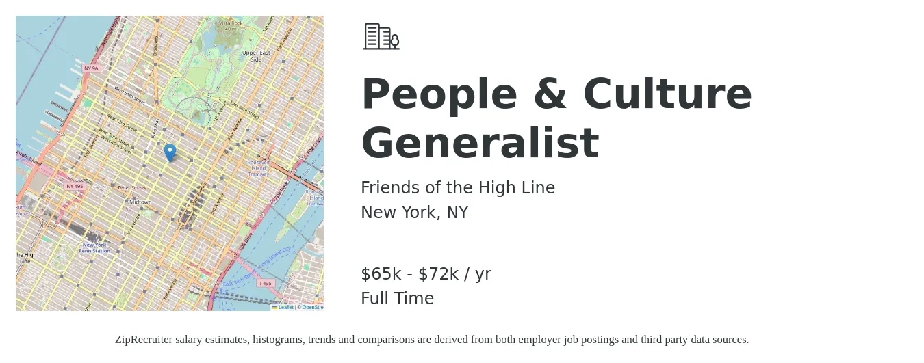 Friends of the High Line job posting for a People & Culture Generalist in New York, NY with a salary of $65,000 to $72,000 Yearly with a map of New York location.