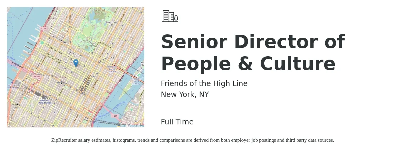 Friends of the High Line job posting for a Senior Director of People & Culture in New York, NY with a salary of $97,100 to $149,800 Yearly with a map of New York location.