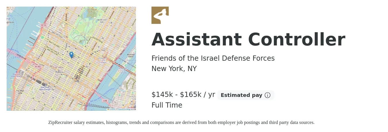Friends of the Israel Defense Forces job posting for a Assistant Controller in New York, NY with a salary of $145,000 to $165,000 Yearly with a map of New York location.