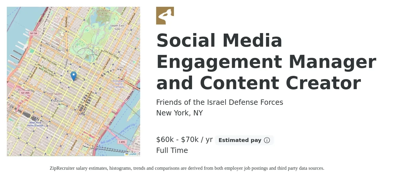 Friends of the Israel Defense Forces job posting for a Social Media Engagement Manager and Content Creator in New York, NY with a salary of $60,000 to $70,000 Yearly with a map of New York location.