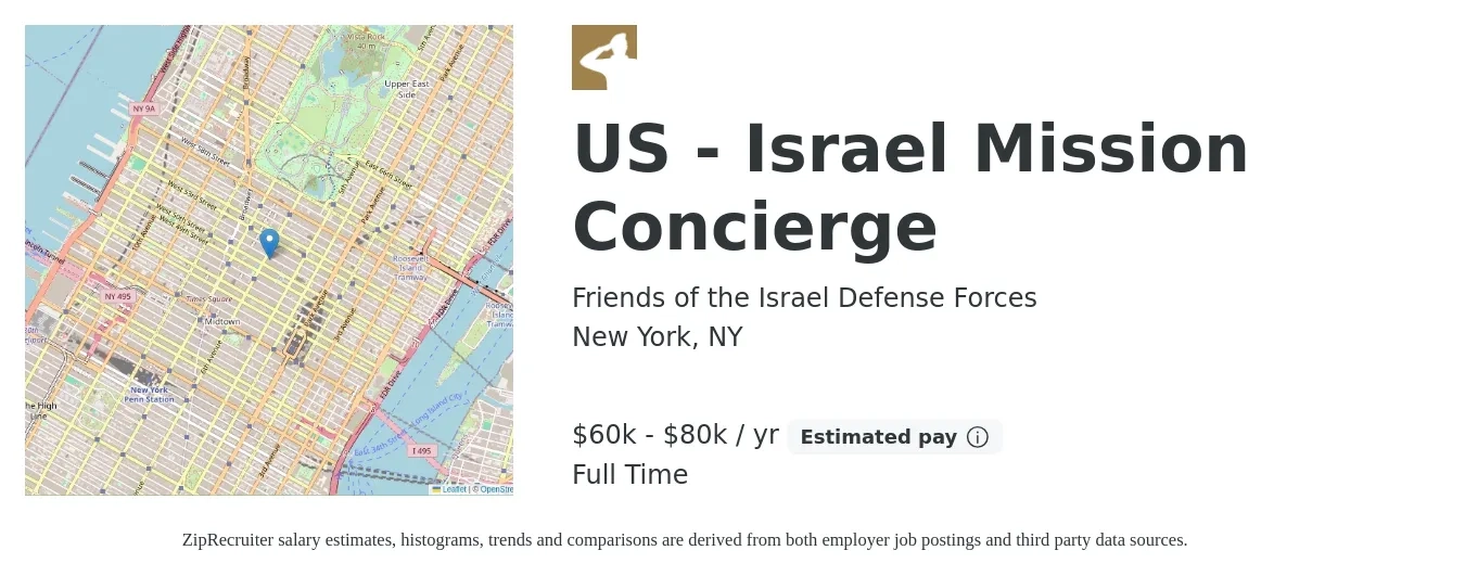 Friends of the Israel Defense Forces job posting for a US - Israel Mission Concierge in New York, NY with a salary of $60,000 to $80,000 Yearly with a map of New York location.