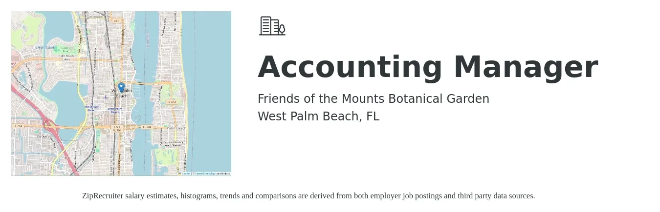Friends of the Mounts Botanical Garden job posting for a Accounting Manager in West Palm Beach, FL with a salary of $75,400 to $108,300 Yearly with a map of West Palm Beach location.