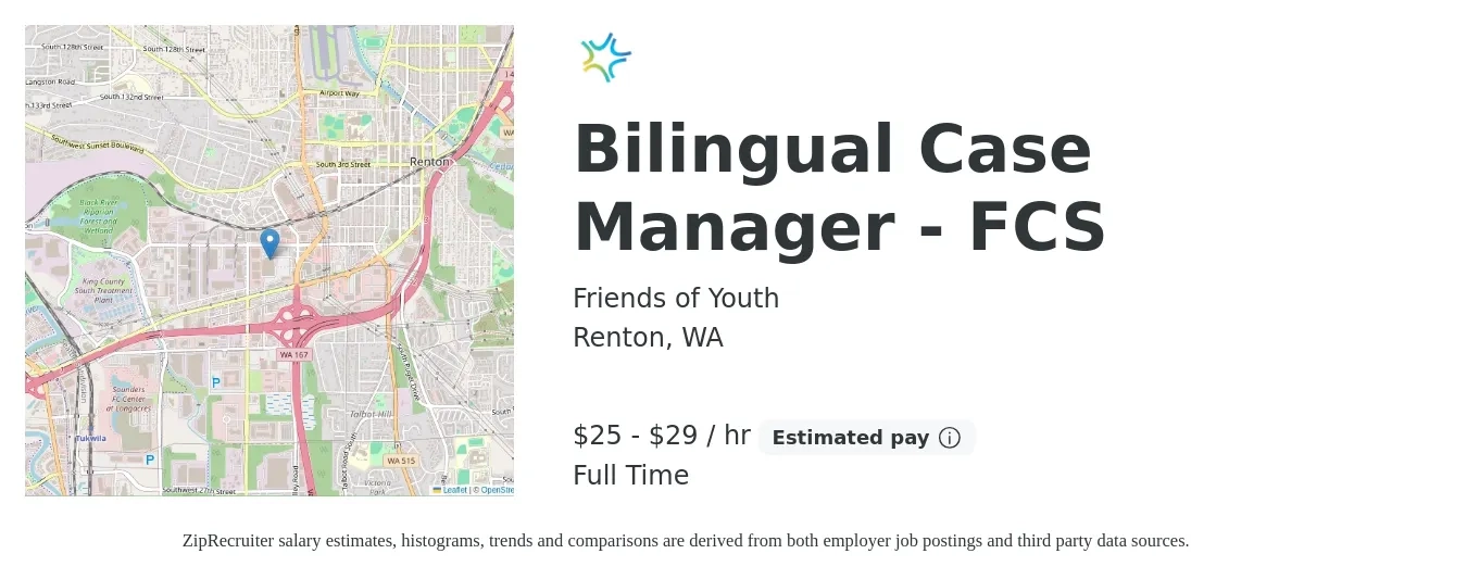 Friends of Youth job posting for a Bilingual Case Manager - FCS in Renton, WA with a salary of $26 to $31 Hourly with a map of Renton location.