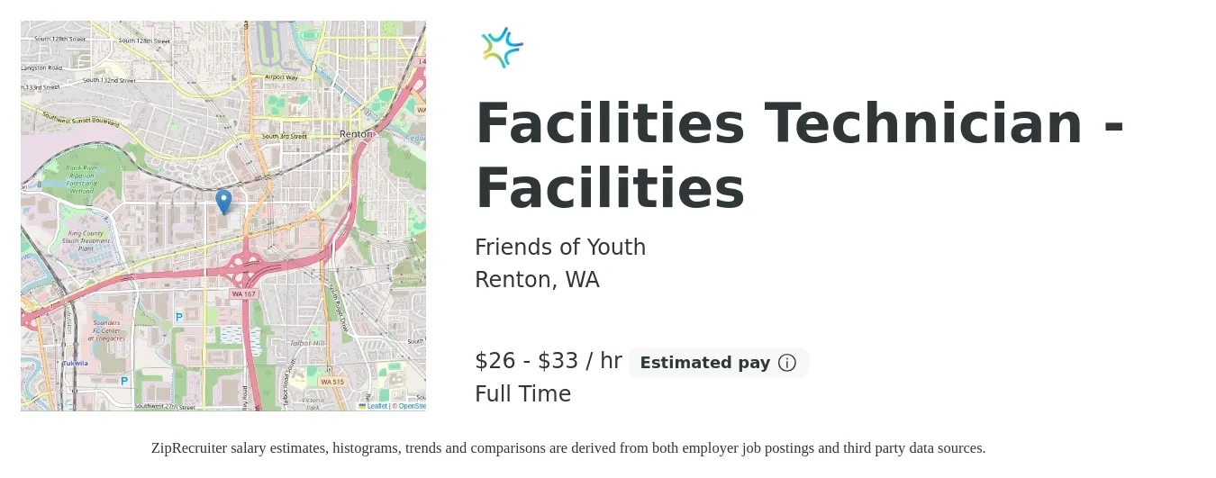 Friends of Youth job posting for a Facilities Technician - Facilities in Renton, WA with a salary of $28 to $35 Hourly with a map of Renton location.