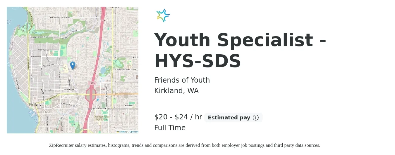 Friends of Youth job posting for a Youth Specialist - HYS-SDS in Kirkland, WA with a salary of $22 to $25 Hourly with a map of Kirkland location.