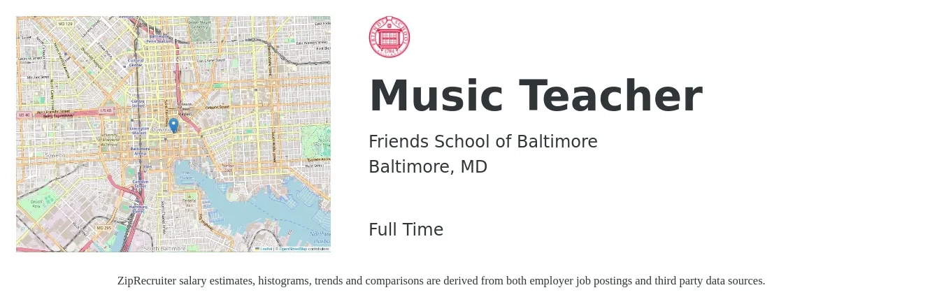 Friends School of Baltimore job posting for a Music Teacher in Baltimore, MD with a salary of $43,700 to $61,100 Yearly with a map of Baltimore location.