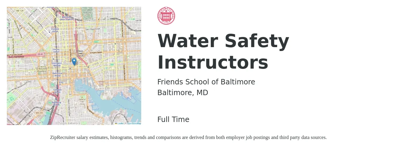 Friends School of Baltimore job posting for a Water Safety Instructors in Baltimore, MD with a salary of $16 to $19 Hourly with a map of Baltimore location.