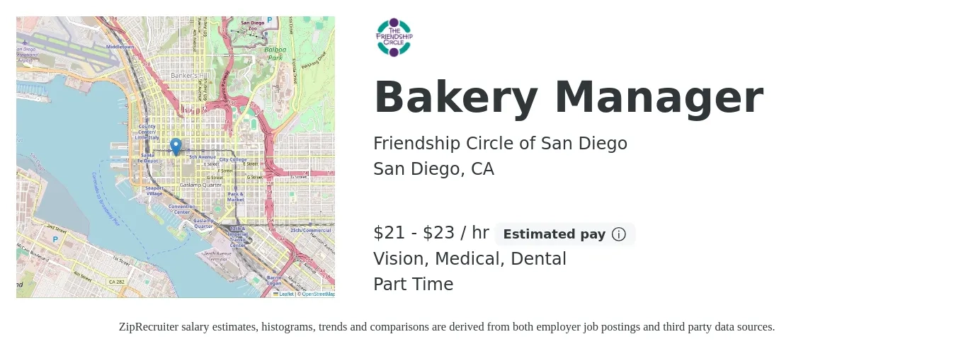 Friendship Circle of San Diego job posting for a Bakery Manager in San Diego, CA with a salary of $22 to $24 Hourly and benefits including dental, medical, pto, retirement, and vision with a map of San Diego location.