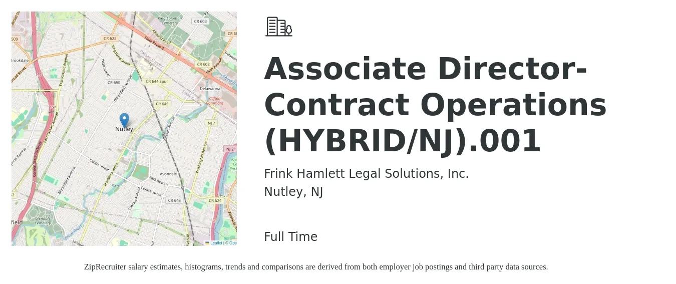 Frink Hamlett Legal Solutions, Inc. job posting for a Associate Director-Contract Operations (HYBRID/NJ).001 in Nutley, NJ with a salary of $76,700 to $137,700 Yearly with a map of Nutley location.