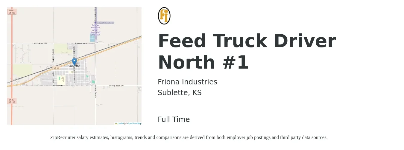 Friona Industries job posting for a Feed Truck Driver North #1 in Sublette, KS with a salary of $18 to $30 Hourly with a map of Sublette location.