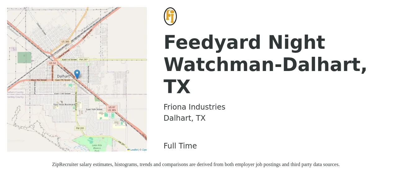 Friona Industries job posting for a Feedyard Night Watchman-Dalhart, TX in Dalhart, TX with a salary of $13 to $14 Hourly with a map of Dalhart location.