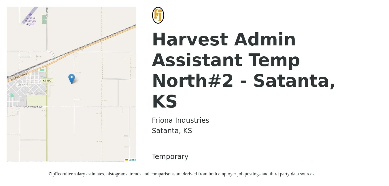 Friona Industries job posting for a Harvest Admin Assistant Temp North#2 - Satanta, KS in Satanta, KS with a salary of $15 to $20 Hourly with a map of Satanta location.