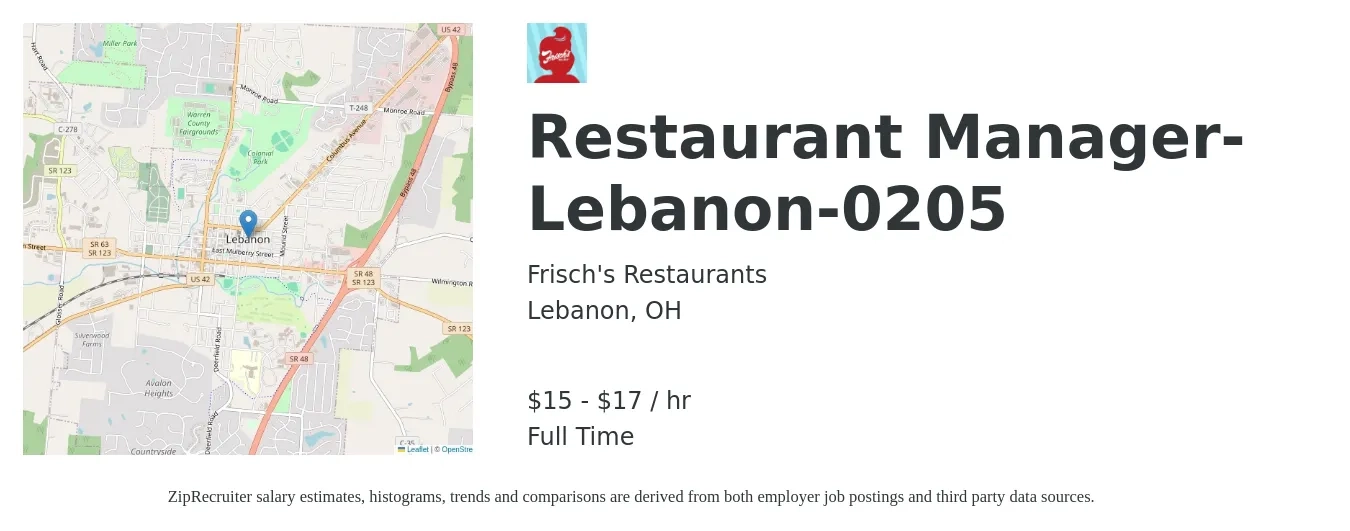 Frisch's Restaurants job posting for a Restaurant Manager-Lebanon-0205 in Lebanon, OH with a salary of $16 to $18 Hourly with a map of Lebanon location.