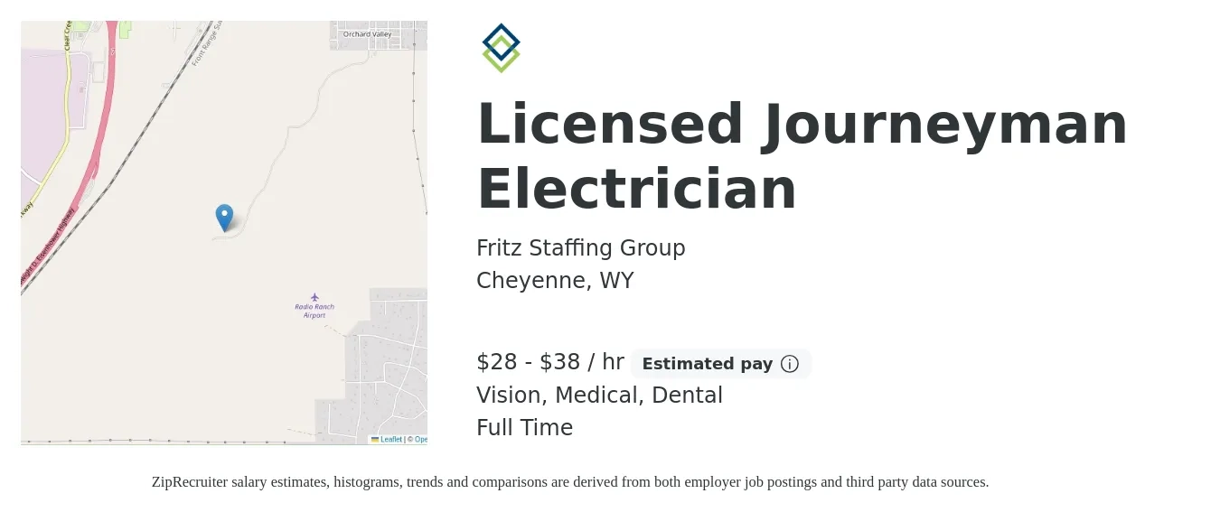 Fritz Staffing Group job posting for a Licensed Journeyman Electrician in Cheyenne, WY with a salary of $30 to $40 Hourly and benefits including dental, life_insurance, medical, pto, and vision with a map of Cheyenne location.