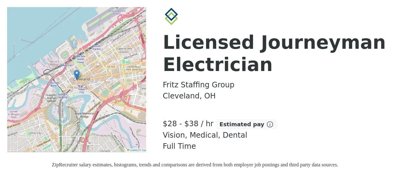 Fritz Staffing Group job posting for a Licensed Journeyman Electrician in Cleveland, OH with a salary of $30 to $40 Hourly and benefits including dental, life_insurance, medical, pto, and vision with a map of Cleveland location.