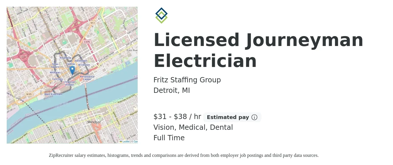 Fritz Staffing Group job posting for a Licensed Journeyman Electrician in Detroit, MI with a salary of $33 to $40 Hourly and benefits including dental, life_insurance, medical, pto, and vision with a map of Detroit location.