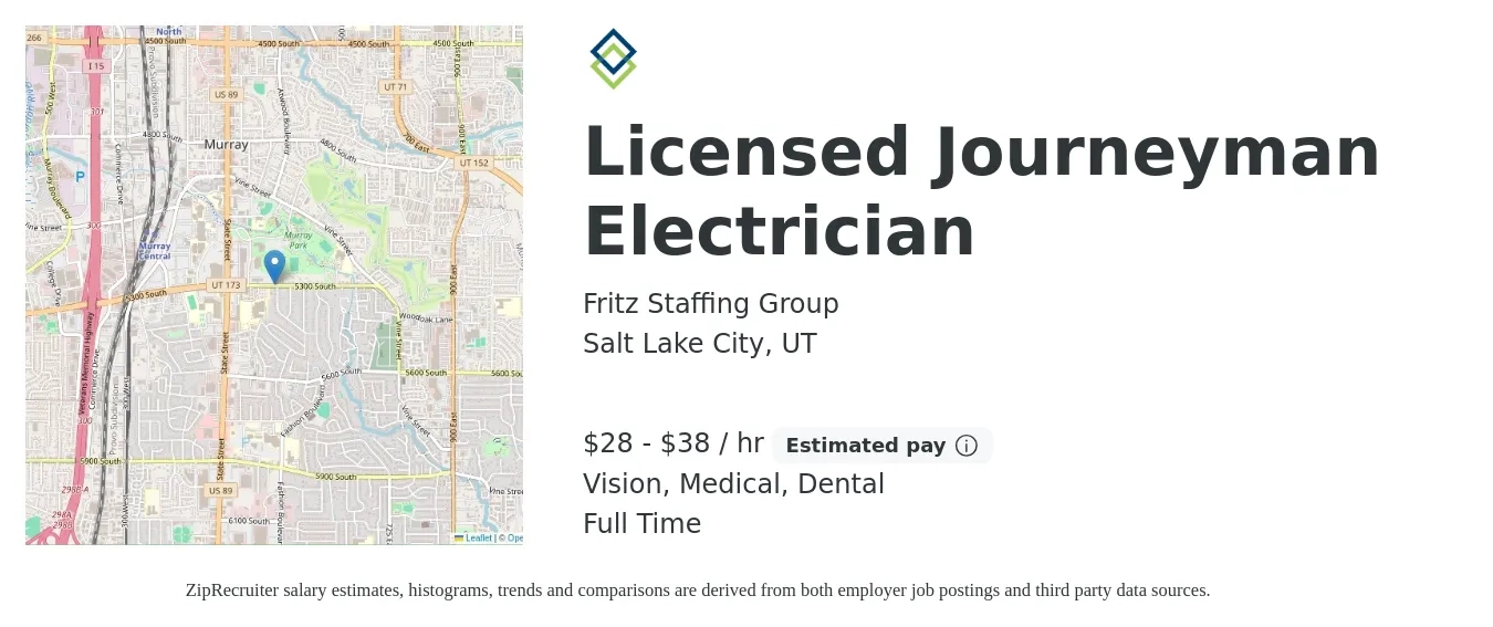 Fritz Staffing Group job posting for a Licensed Journeyman Electrician in Salt Lake City, UT with a salary of $30 to $40 Hourly and benefits including vision, dental, life_insurance, medical, and pto with a map of Salt Lake City location.