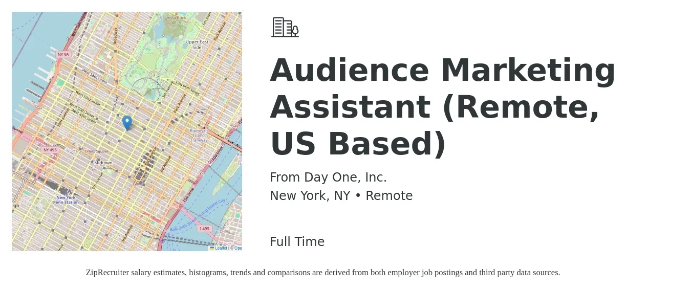 From Day One, Inc. job posting for a Audience Marketing Assistant (Remote, US Based) in New York, NY with a salary of $50,000 Yearly with a map of New York location.