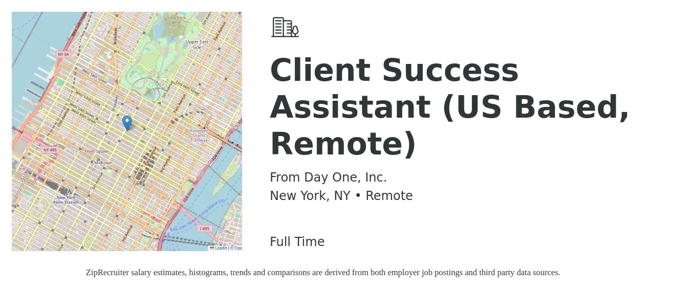 From Day One, Inc. job posting for a Client Success Assistant (US Based, Remote) in New York, NY with a salary of $50,000 Yearly with a map of New York location.