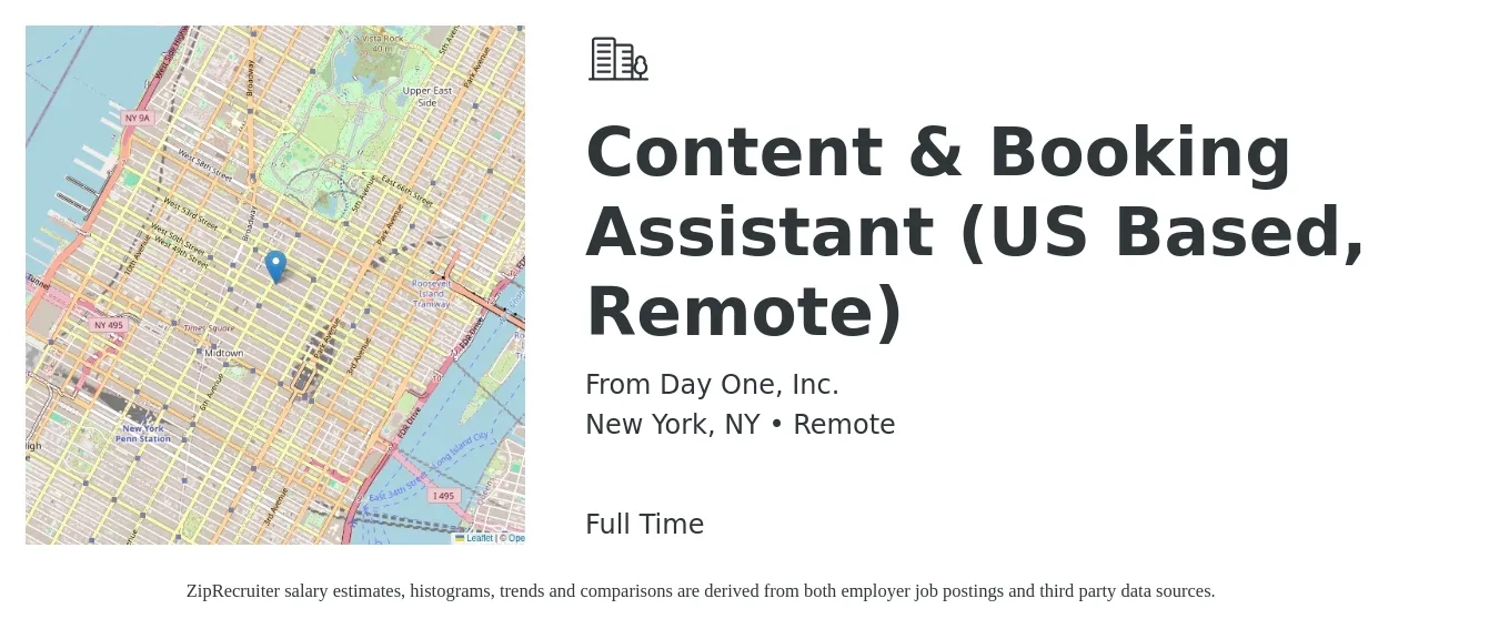 From Day One, Inc. job posting for a Content & Booking Assistant (US Based, Remote) in New York, NY with a salary of $50,000 Yearly with a map of New York location.