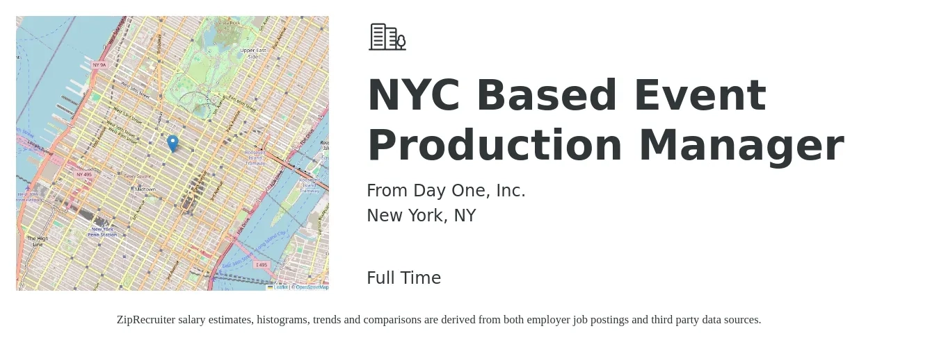 From Day One, Inc. job posting for a NYC Based Event Production Manager in New York, NY with a salary of $70,000 Yearly with a map of New York location.