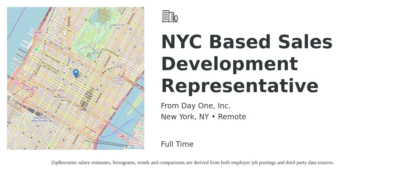 From Day One, Inc. job posting for a NYC Based Sales Development Representative in New York, NY with a salary of $65,000 Yearly with a map of New York location.