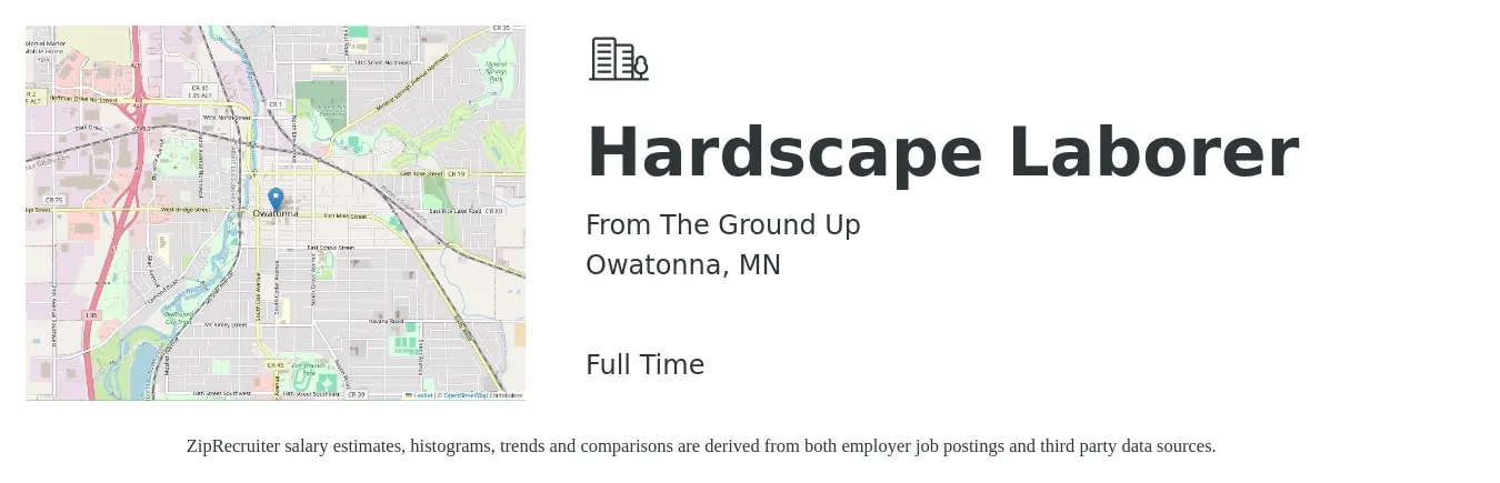 From The Ground Up job posting for a Hardscape Laborer in Owatonna, MN with a salary of $18 to $21 Hourly with a map of Owatonna location.