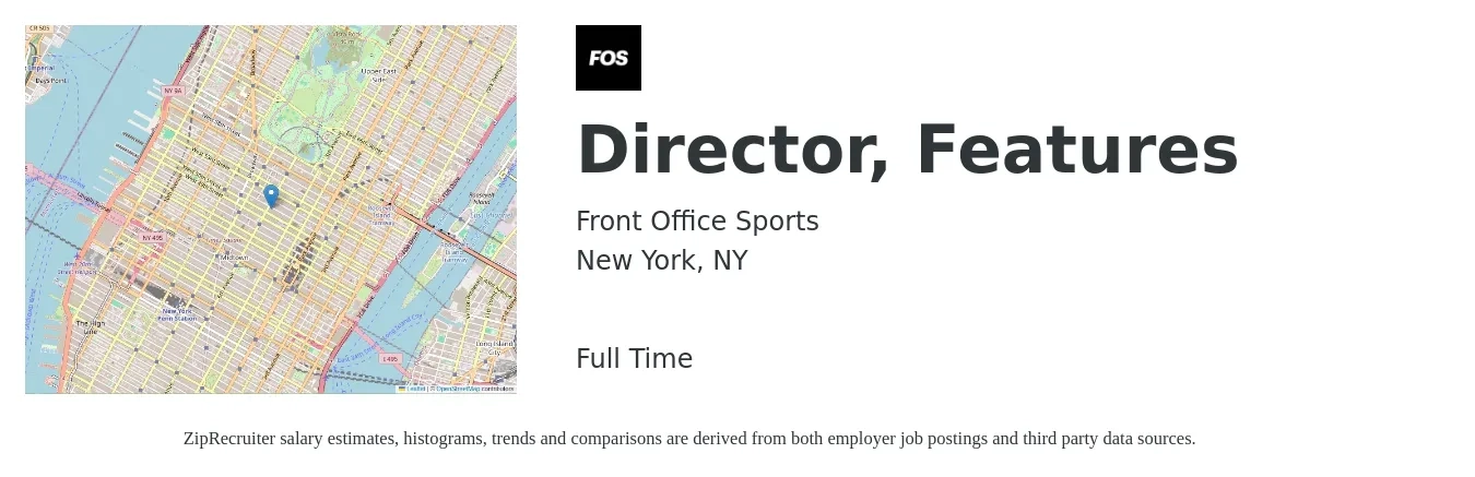 Front Office Sports job posting for a Director, Features in New York, NY with a map of New York location.