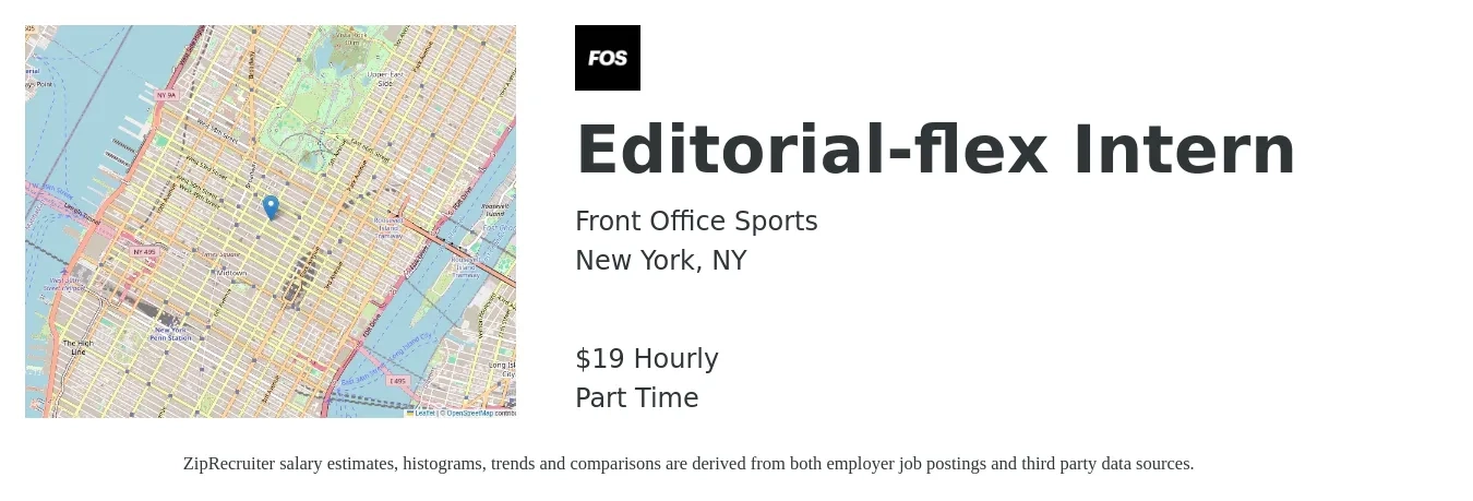 Front Office Sports job posting for a Editorial-flex Intern in New York, NY with a salary of $20 Hourly with a map of New York location.
