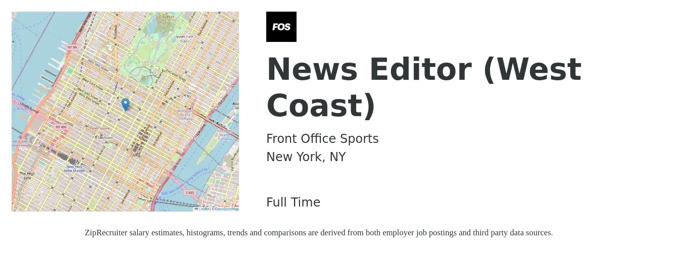Front Office Sports job posting for a News Editor (West Coast) in New York, NY with a salary of $71,100 to $181,600 Yearly with a map of New York location.