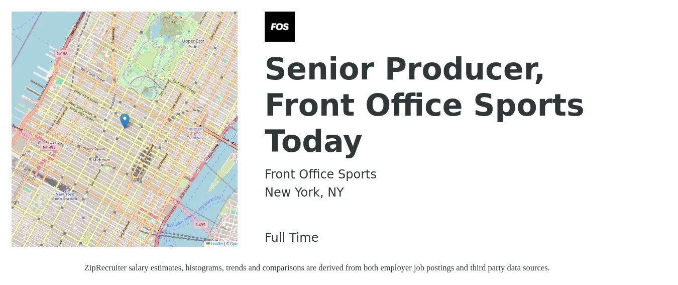 Front Office Sports job posting for a Senior Producer, Front Office Sports Today in New York, NY with a salary of $88,100 to $146,600 Yearly with a map of New York location.