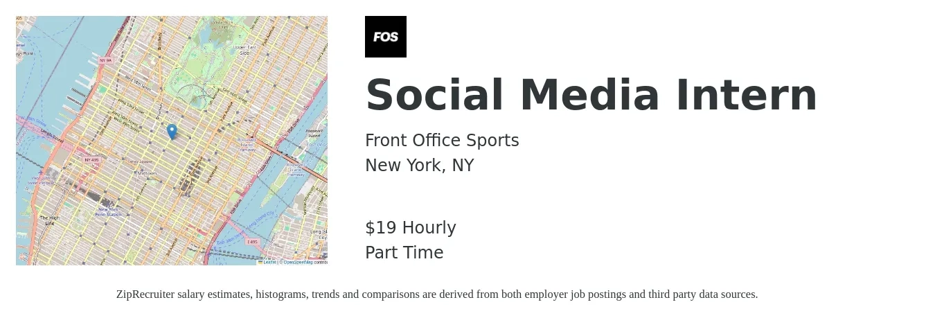 Front Office Sports job posting for a Social Media Intern in New York, NY with a salary of $20 Hourly with a map of New York location.