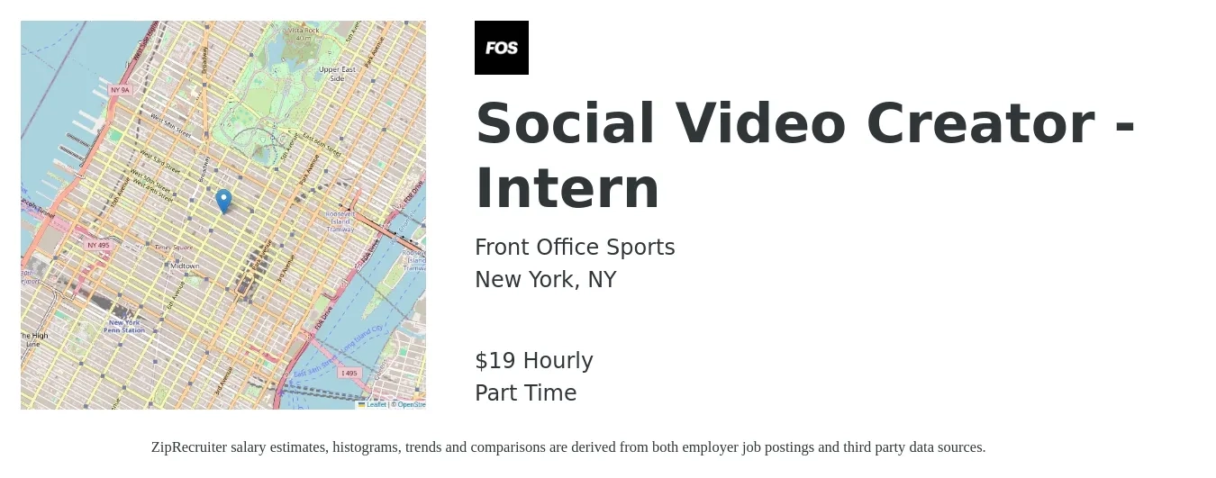 Front Office Sports job posting for a Social Video Creator - Intern in New York, NY with a salary of $20 Hourly with a map of New York location.