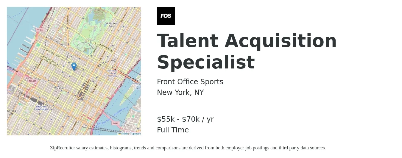 Front Office Sports job posting for a Talent Acquisition Specialist in New York, NY with a salary of $55,000 to $70,000 Yearly with a map of New York location.