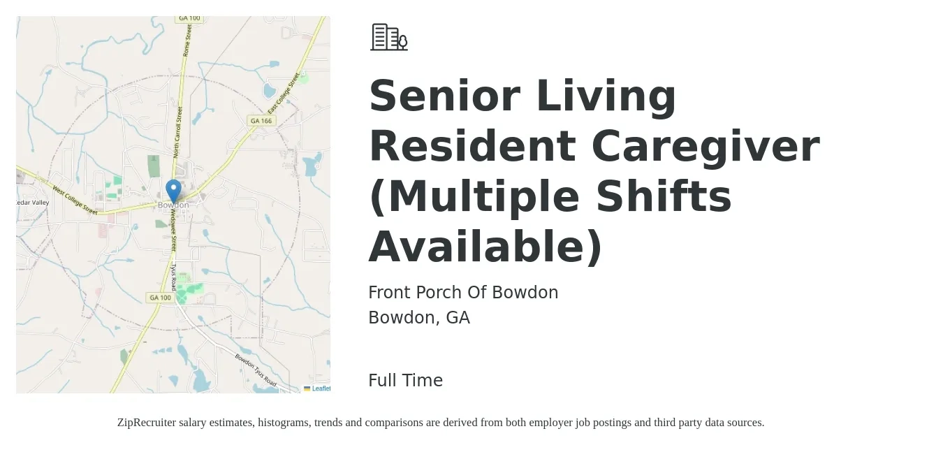 Front Porch Of Bowdon job posting for a Senior Living Resident Caregiver (Multiple Shifts Available) in Bowdon, GA with a salary of $12 Hourly with a map of Bowdon location.