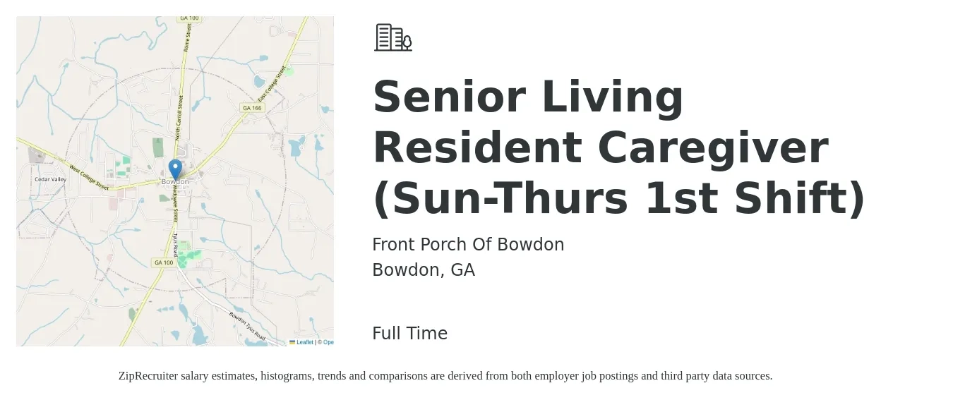 Front Porch Of Bowdon job posting for a Senior Living Resident Caregiver (Sun-Thurs 1st Shift) in Bowdon, GA with a salary of $12 Hourly with a map of Bowdon location.
