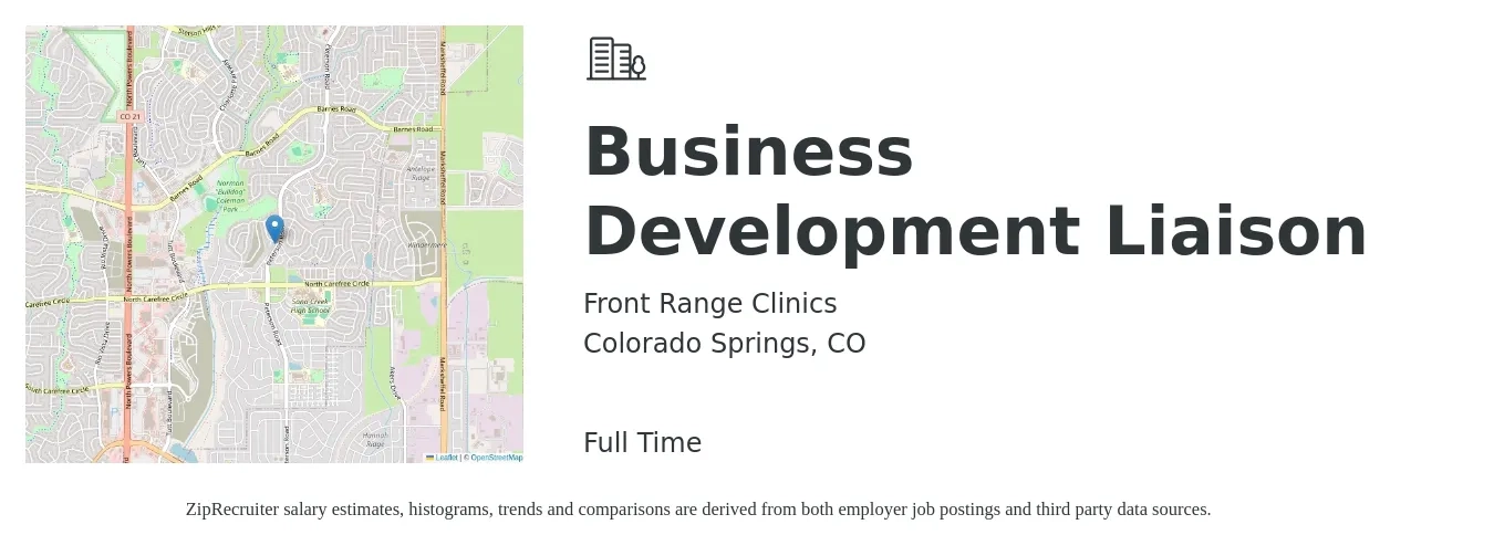 Front Range Clinics job posting for a Business Development Liaison in Colorado Springs, CO with a salary of $65,000 to $75,000 Yearly with a map of Colorado Springs location.
