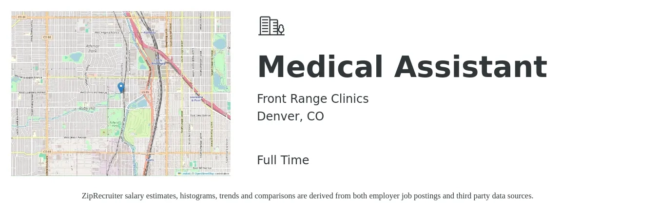 Front Range Clinics job posting for a Medical Assistant in Denver, CO with a salary of $19 to $24 Hourly with a map of Denver location.