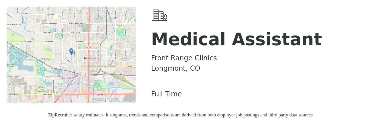 Front Range Clinics job posting for a Medical Assistant in Longmont, CO with a salary of $19 to $24 Hourly with a map of Longmont location.