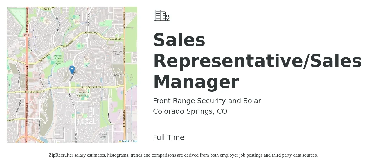 Front Range Security and Solar job posting for a Sales Representative / Sales Manager in Colorado Springs, CO with a salary of $1,500 to $2,500 Weekly with a map of Colorado Springs location.