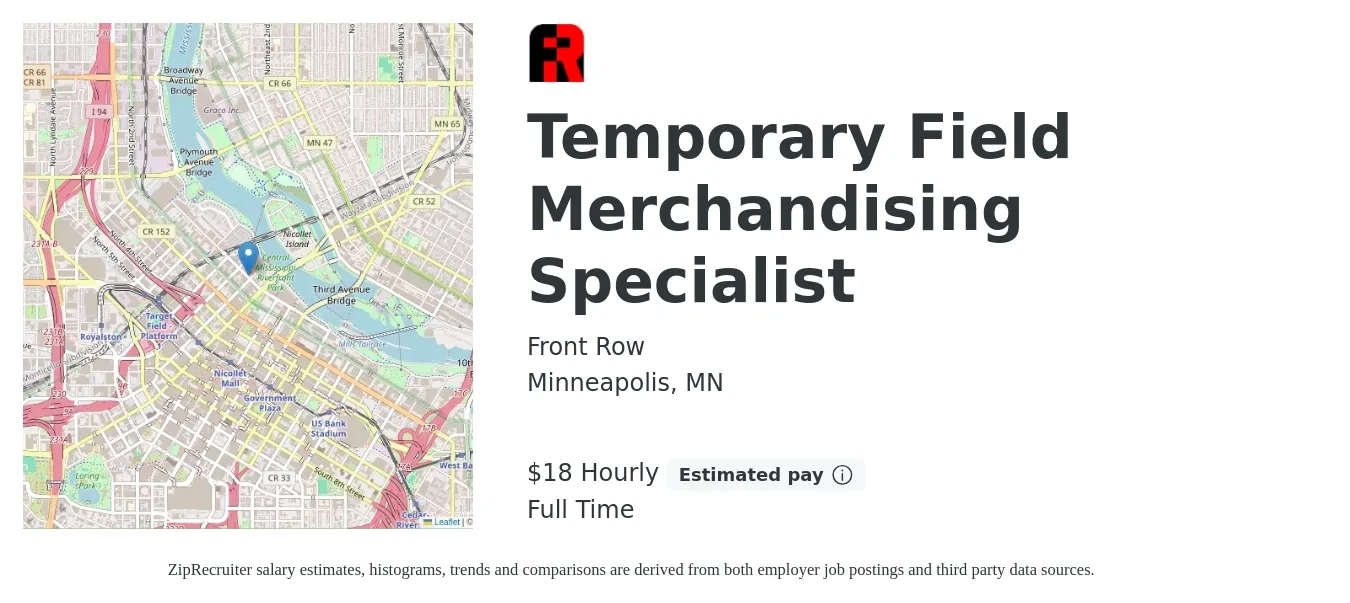 Front Row job posting for a Temporary Field Merchandising Specialist in Minneapolis, MN with a salary of $19 Hourly with a map of Minneapolis location.