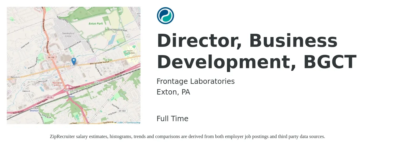 Frontage Laboratories job posting for a Director, Business Development, BGCT in Exton, PA with a salary of $90,200 to $146,200 Yearly with a map of Exton location.