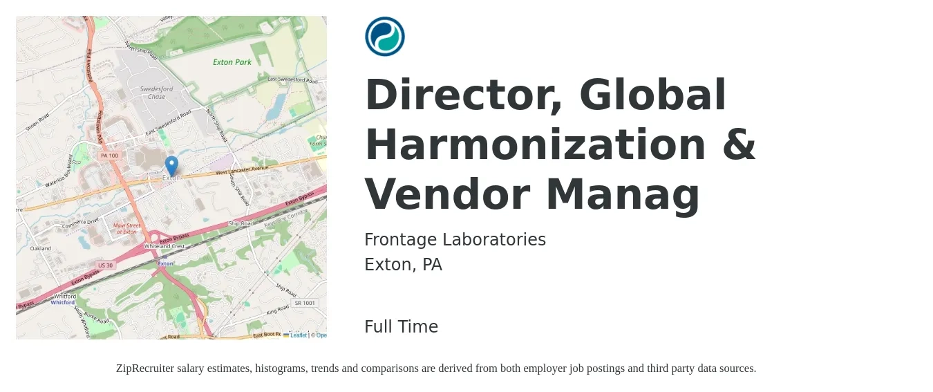 Frontage Laboratories job posting for a Director, Global Harmonization & Vendor Manag in Exton, PA with a salary of $90,700 to $127,400 Yearly with a map of Exton location.